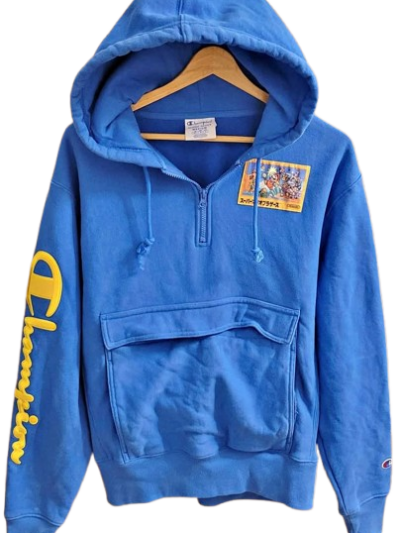 Rare Champion x Super Mario Bros Reverse Weave Heavyweight Blue Zip Hoodie Sweatshirt — Size Medium
